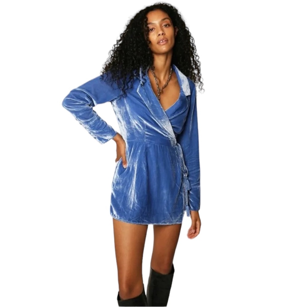 Free People Viola Velvet Romper Sz. Small Playsuit Blue Long-Sleeve Wrap